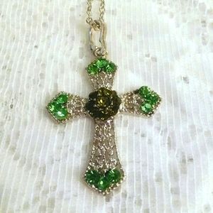 Silver/green rhinestones cross necklace